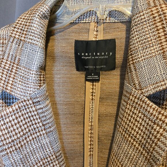 Sanctuary Classic Brown Houndstooth Plaid Blazer Stretchy Knit, Oversized Small - Picture 10 of 10